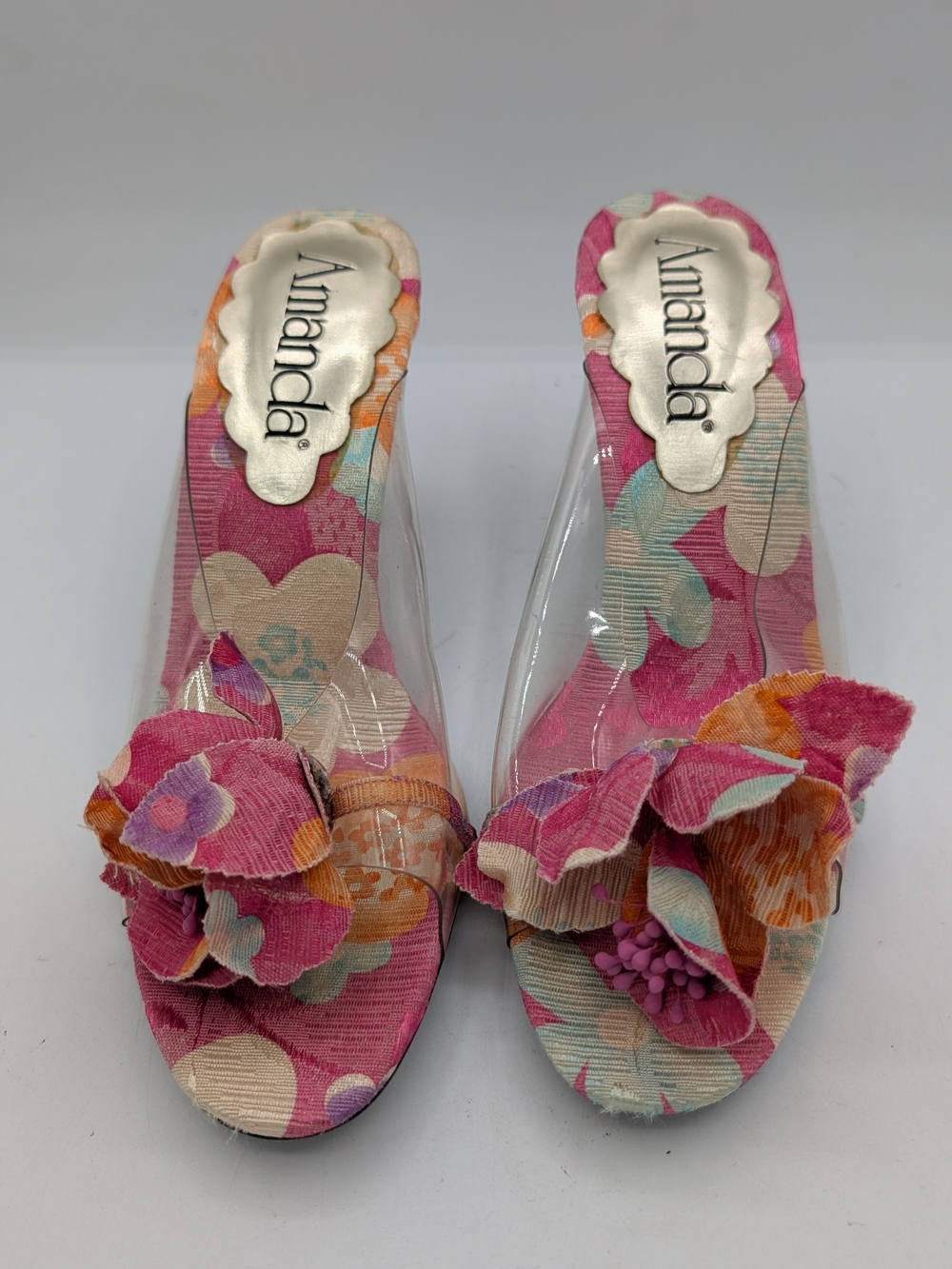 Amanda Pink Floral Slide Heels with Ruffle Accent